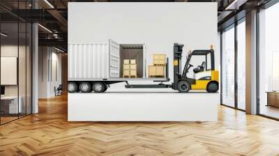 forklifter is loading crate on truck, sideview, a color combination of white, yellow and black Wall mural