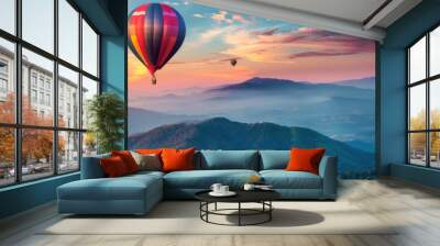 hot air balloon in the sky over the mountain landscape, place for nature travel, real photo, banner background with scenic view Wall mural