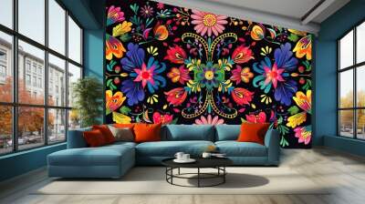 illustration of a traditional folk art colored mexican a variety of flowers, banner, on a black background Wall mural