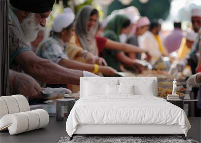 Indian men volunteer in gloved serving langar dish on the street on Baisakhi holiday, idea of spirit of mutual help Wall mural