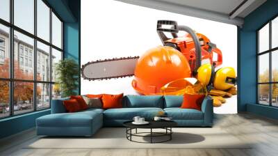 Chain saw and protective clothes. Wall mural