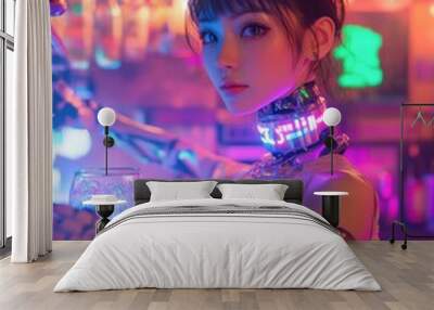 neon cyborg hot bartender woman behond the disk serving a sparkling neon Silver drink Wall mural