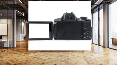 Photo camera with blank display screen isolated on white background. Modern ultra zoom photo camera. Wall mural