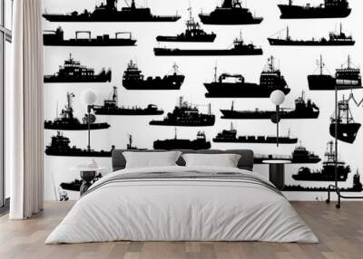 Set of 31 (thirty one) silhouettes of sea ships Wall mural