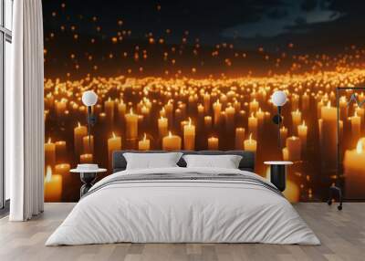 scene of a candlelight vigil with hundreds of candles glowing brightly against the dark night sky, poster Wall mural