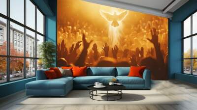 silhouette of the holy spirit in the form of a bird of peace in the sun's rays, people pray with their hands raised up Wall mural