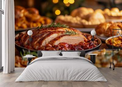 Sliced roasted turkey with savory sides served on a festive dining table during a holiday gathering Wall mural