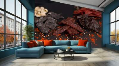 Spiced jerky on circle stone board Wall mural