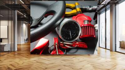 Sport car tuning equipment and accessories top view concept background. Wall mural