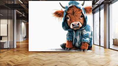 Stylized cartoon brown bull wearing a blue print sweatshirt and friendly behavior, white background, banner, copy space Wall mural