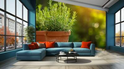 Two potted plants with green leaves sit on a wooden table Wall mural