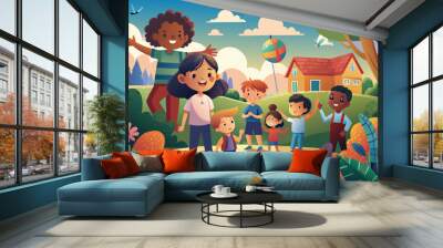 Vector illustration of children walking in the garden near the house Wall mural