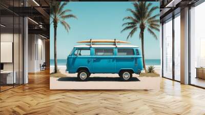 Vintage blue van parked on beach with surfboards on roof and two palm trees Wall mural