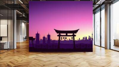 Big Asian city. Cityscape with a beautiful sunset. Cyberpunk and retro wave style illustration. Vector illustration. Wall mural