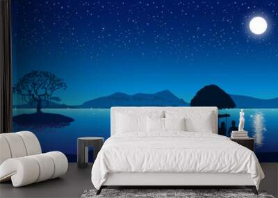 Night beach with a starry sky. A couple in love on the seashore. Vector illustration. Wall mural