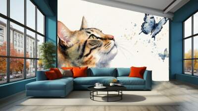 Watercolor painting of a tabby cat looking up at a flying blue butterfly Wall mural