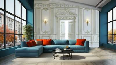 White wall panels in classical style with gilding. 3d rendering Wall mural