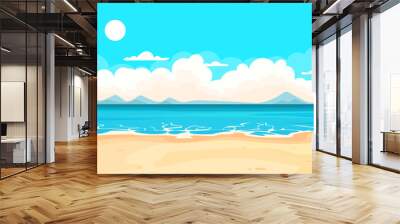 Cartoon beach scene with blue ocean, yellow sand and clouds Wall mural