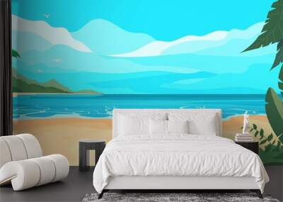 Cartoon landscape of a tropical beach with sand, tropical plants and an island on the horizon. Wall mural