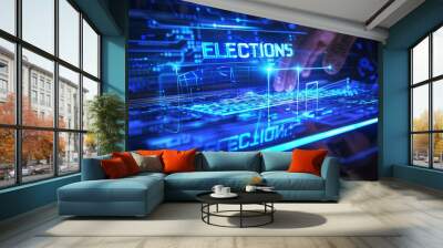 A hand interacts with a high-tech digital interface featuring the word Elections. This innovative display represents the integration of technology in modern voting processes Wall mural