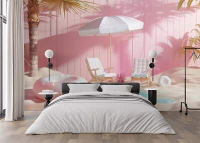 A pink wall with a white umbrella and two chairs Wall mural