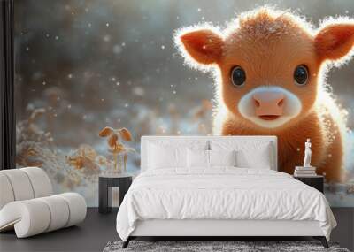 Adorable baby calf standing in snowy field with falling snowflakes, creating a magical winter scene with warm morning light Wall mural