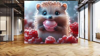 Adorable Hedgehog Enjoying Macaron Amidst Raspberries in a Soft, Colorful, and Sweet Setting with Cute, Happy Expression Wall mural