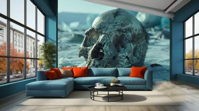 Amid the dissolving ice, the gigantic skull of an ancient human surfaces, a vivid symbol of the aftermath of global warming and a glimpse into a past era. Wall mural