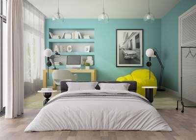 Interior of modern design room with yellow beanbag 3D rendering Wall mural