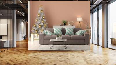 Interior of modern living room with christmas tree 3D rendering Wall mural