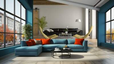 Interior of the  loft with black sofa 3D rendering 2 Wall mural