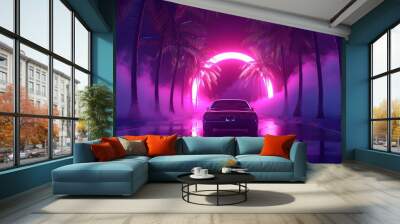 Black car driving towards a neon ring under palm trees at night. Retro-futuristic digital art with synthwave and cyberpunk elements. Night drive and neon light concept for poster and print. Wall mural