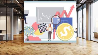 Business comparison tools. Analysis and comparison of a competitor's business. The girl compares the business of two people. Vector illustration. Wall mural