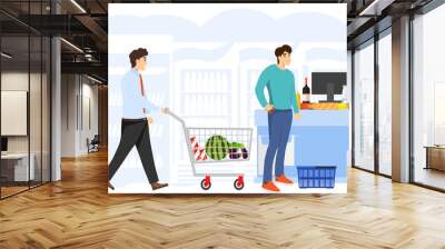 Buyers stand in line at the supermarket near the checkout. A group of mini characters of people standing in line at the grocery store with purchases. Wall mural