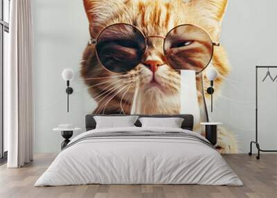 Cat sommelier in sunglasses. Minimalist pet portrait with copy space. Wine culture concept for design, greeting card, and invitation. Wall mural