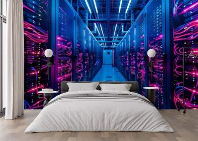 Corridor view in a futuristic data center illuminated with neon blue and pink lights. Advanced networking and cloud services concept. Perfect for showcasing cutting-edge technology and cyber infrastru Wall mural