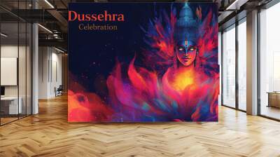 Dussehra banner with an abstract illustration of a burning effigy of Ravana, stylized flames and smoke. Festival theme. Design for posters, banners, greeting cards Wall mural