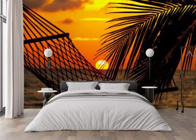 palm, hammock and sunset Wall mural