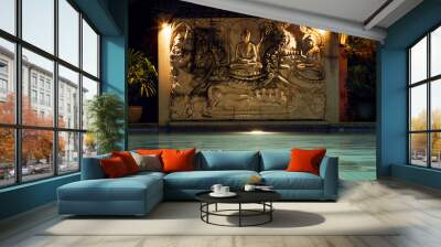 view of nice tropical pool  with exotic bas-relief on the back Wall mural