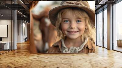 Experience the beauty of the countryside through a portrait of a little girl in a classic hat tending to horses on a farm. Her smile and delight in caring for the animals exude rustic charm. Wall mural