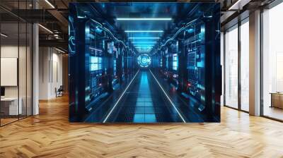 Futuristic server room corridor with illuminated digital panels and target symbol at the end. Cybersecurity and advanced technology concept. Suitable for design about data protection and network infra Wall mural