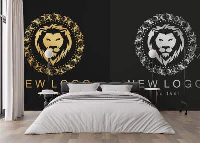 Gold logo with a lion. Classic vintage icon with frame Wall mural