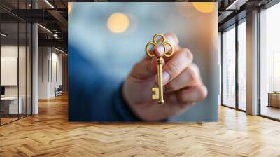 Golden Key Offered in Hand Against Bokeh Light Background Banner. Wall mural