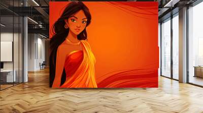 Indian bride girl wearing traditional dress against floral background. Woman in colorful sari. Bollywood star traditional fashion. Ugadi or Gudi Padwa. Religion and ethnic banner with copy space Wall mural