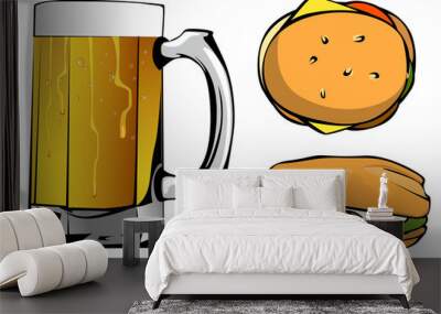 mug of beer and two burgers on a white background Wall mural