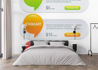 Comparison table - infographics with three different points (tariff subscription plan) with headline icons, sample text and Purchase button - vector web site or presentation element Wall mural