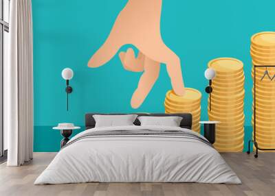 Fingers walking upstairs on coin stack Wall mural