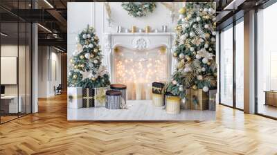 New Year decorated interior - bright living room or hall with Christmas decoration - fir-tree, gift boxes, fireplace decorated with garlands - hoilday celebration photo Wall mural