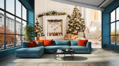 New Year decorated white interior - bright room with Christmas decoration - fir-tree, white pedestal, white armchair and hide rug - holiday room interior Wall mural