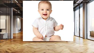 7 month infant child baby boy kid toddler sitting in white shirt  Wall mural